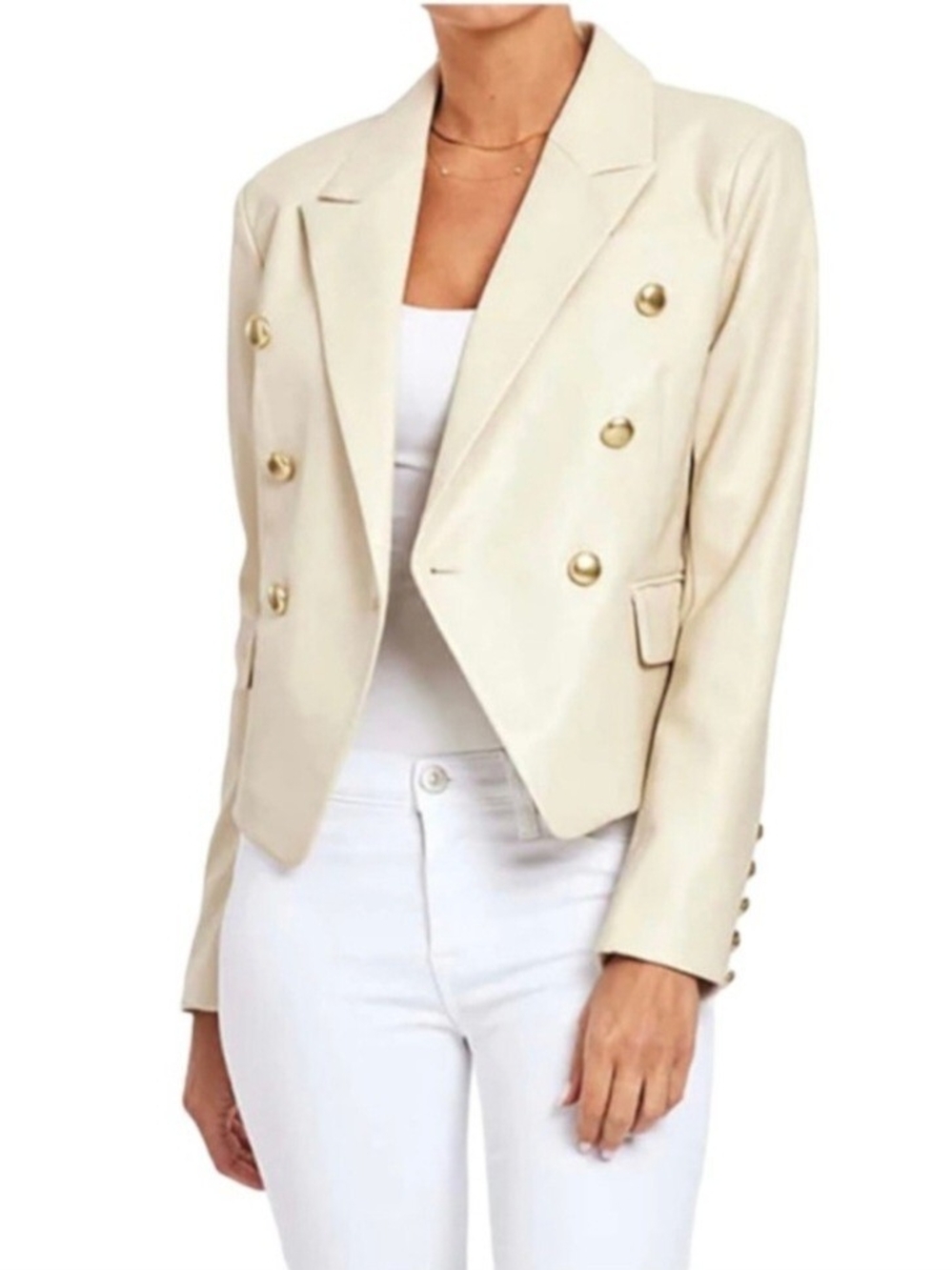 7 For All Mankind Cream Faux Leather Double-Breasted Blazer - Size S